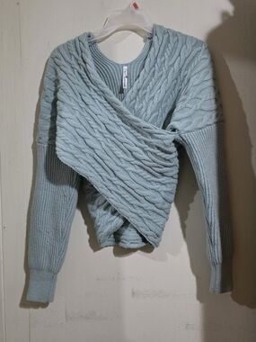 Soft Cable-Knit Wrap V-Neck Sweater in Pale Blue